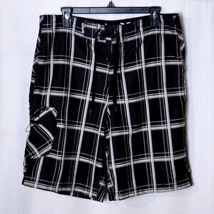 Hurley Plaid Board Shorts Mens Size 33 Black White Drawstring Swim‎ Trunks